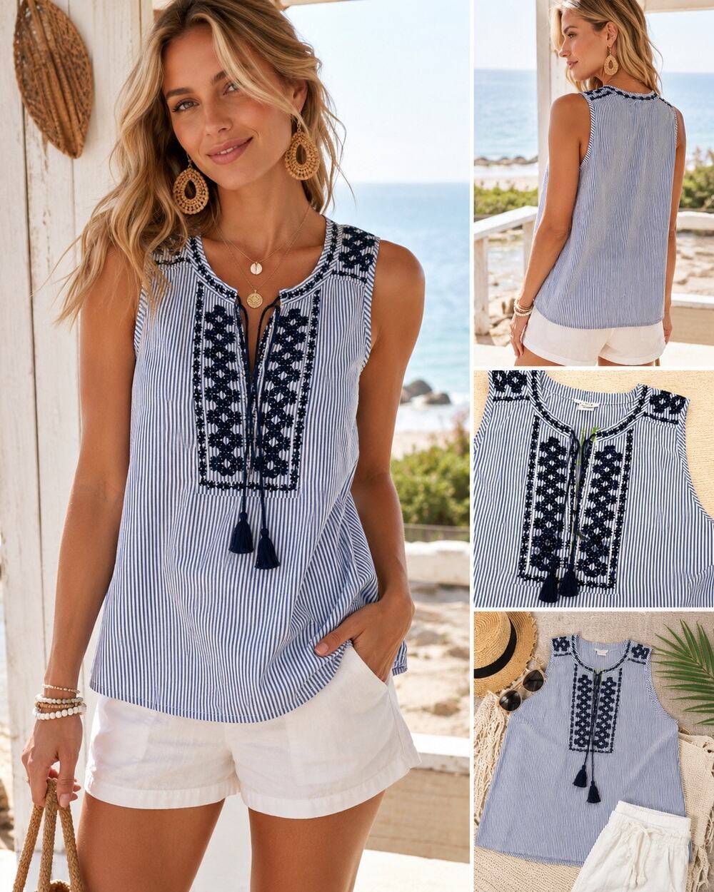J.Crew Blue White Stripe Embroidered Tassel Tank Top Size 2 Coastal Boho Resort